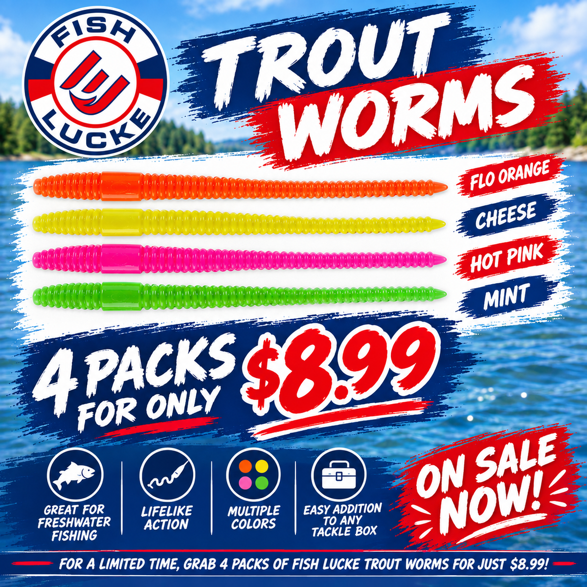 Fish LuckE Trout Worms – 4 Packs for $8.99